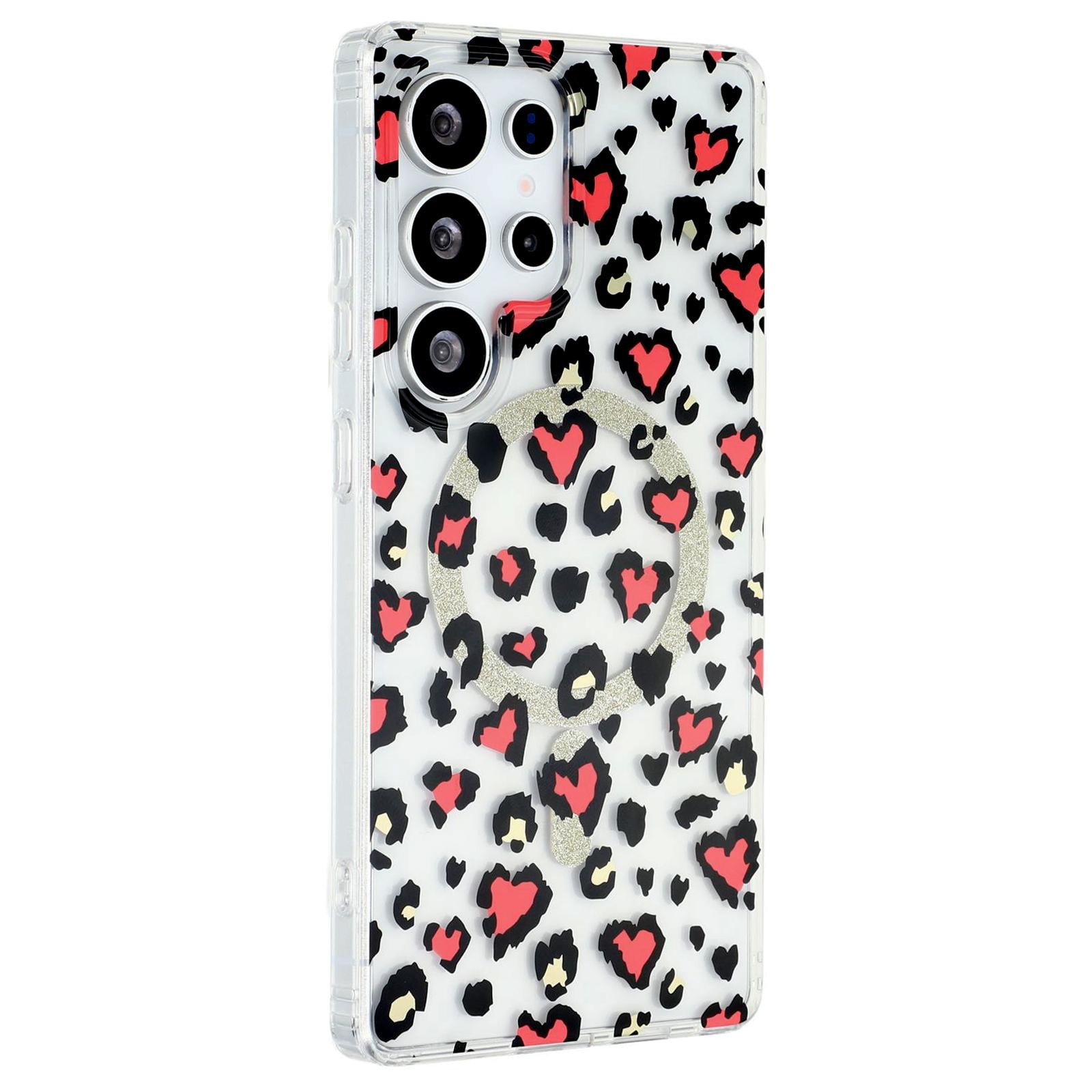 

Для Samsung Galaxy S25 Ultra Магнітний Чохол Прозорий Стійкий до пожовтіння ПК+ТПУ Задня кришка телефону Дизайн з леопардовим принтом Red