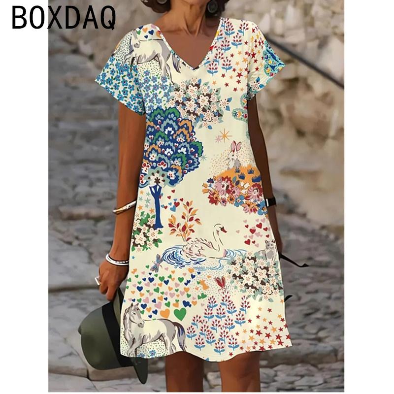 Women V-Neck Short Sleeve Pritned Dress Fashion Lady Street Personalized Dress 3D Vintage Floral Casual Loose A-Line Dress