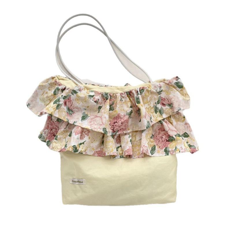 New Retro Rose Floral Splicing Shoulder Bag Women's Ruffle Edge Large-capacity Commuter Hand-held Underarm Bag
