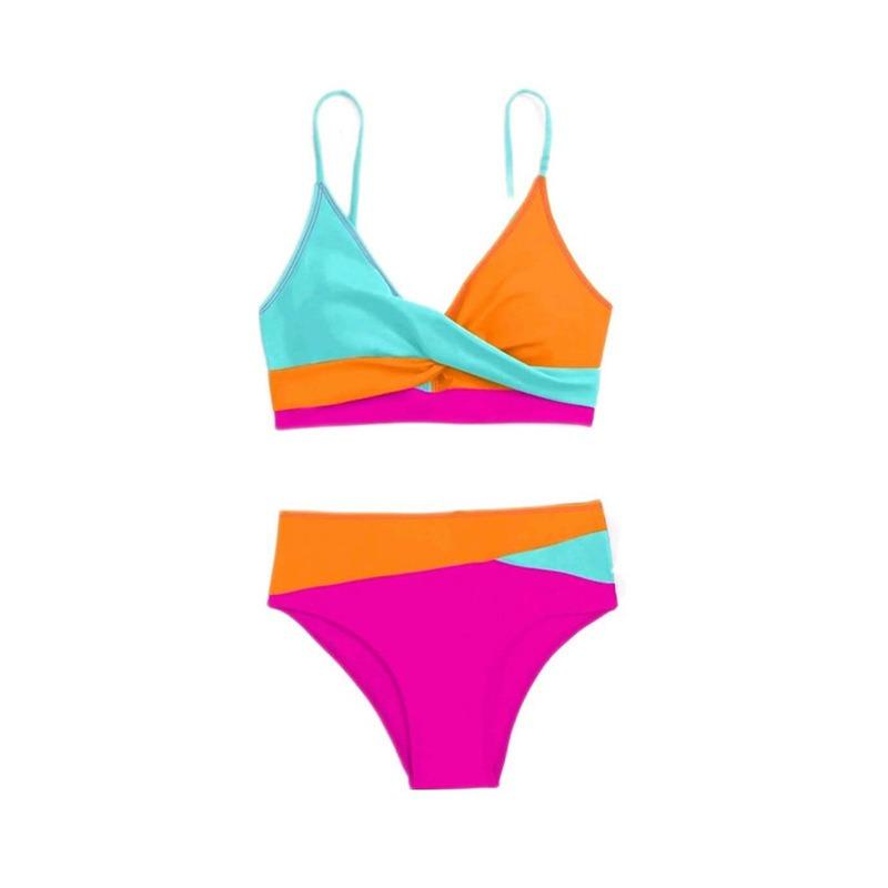 Women's Color Block Cross-Front V-Neck High Waist Two-Piece Bikini Swimsuit