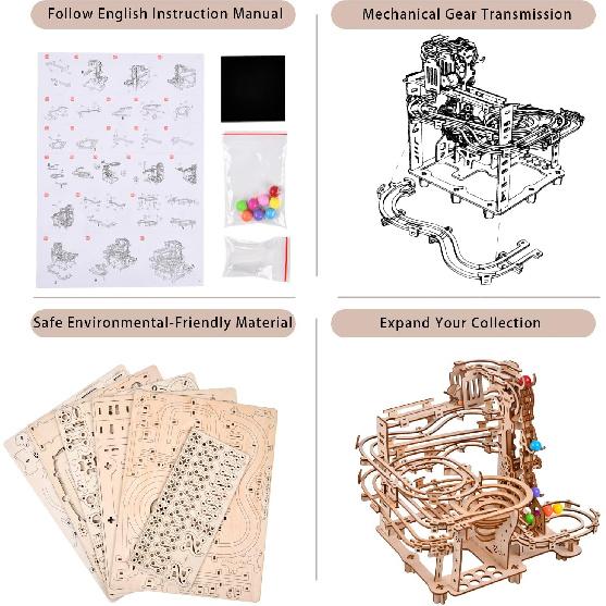 3D Wooden Puzzles Marble Run Chain Kit, Wood Creative Mechanical Puzzles Assembly Model Building Kits to Build for Adults & Kids, DIY Wooden Puzzle