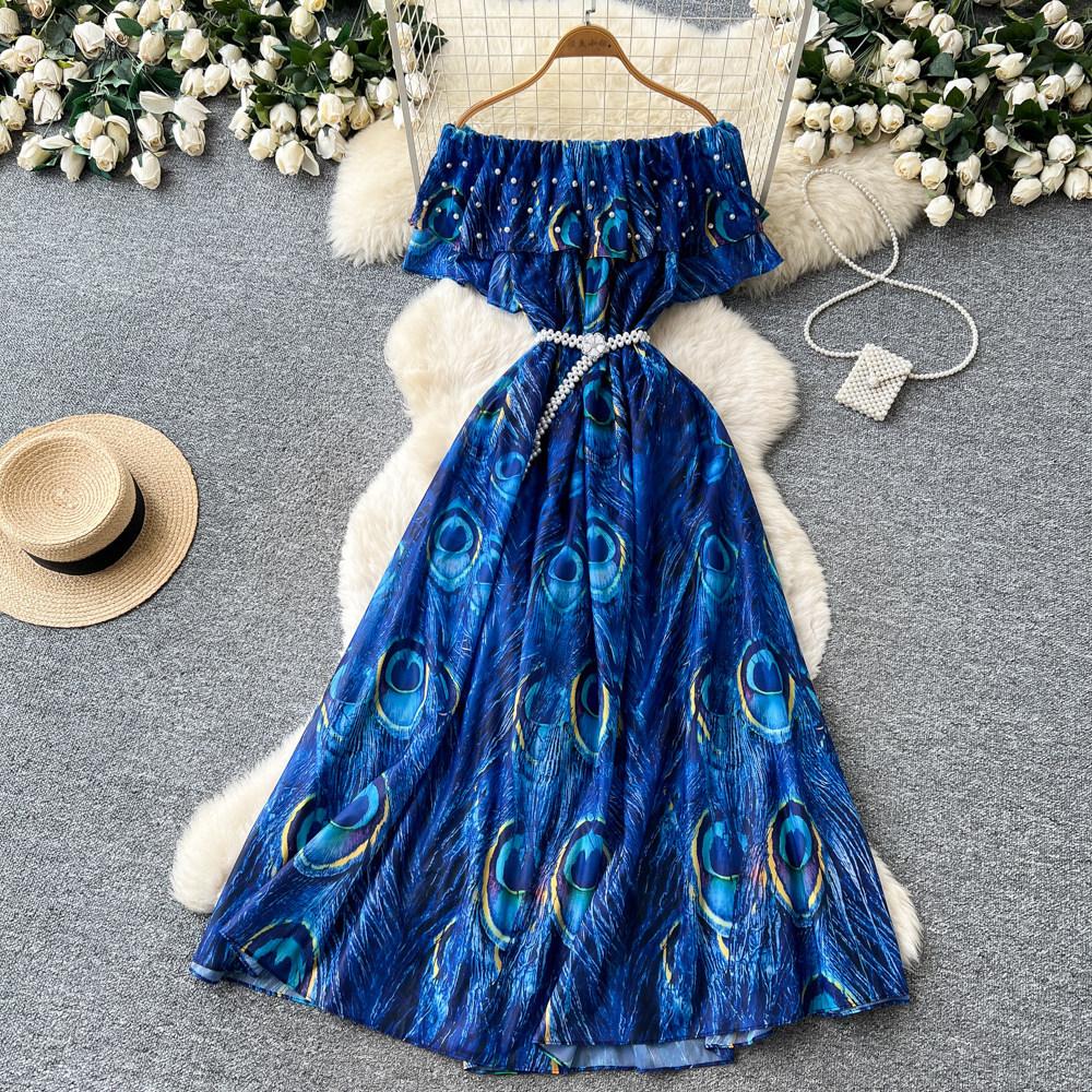 New Women's Summer Sleeveless Print Dress Pearl One-Neck High Waist A-Dress Commuter High Street Style