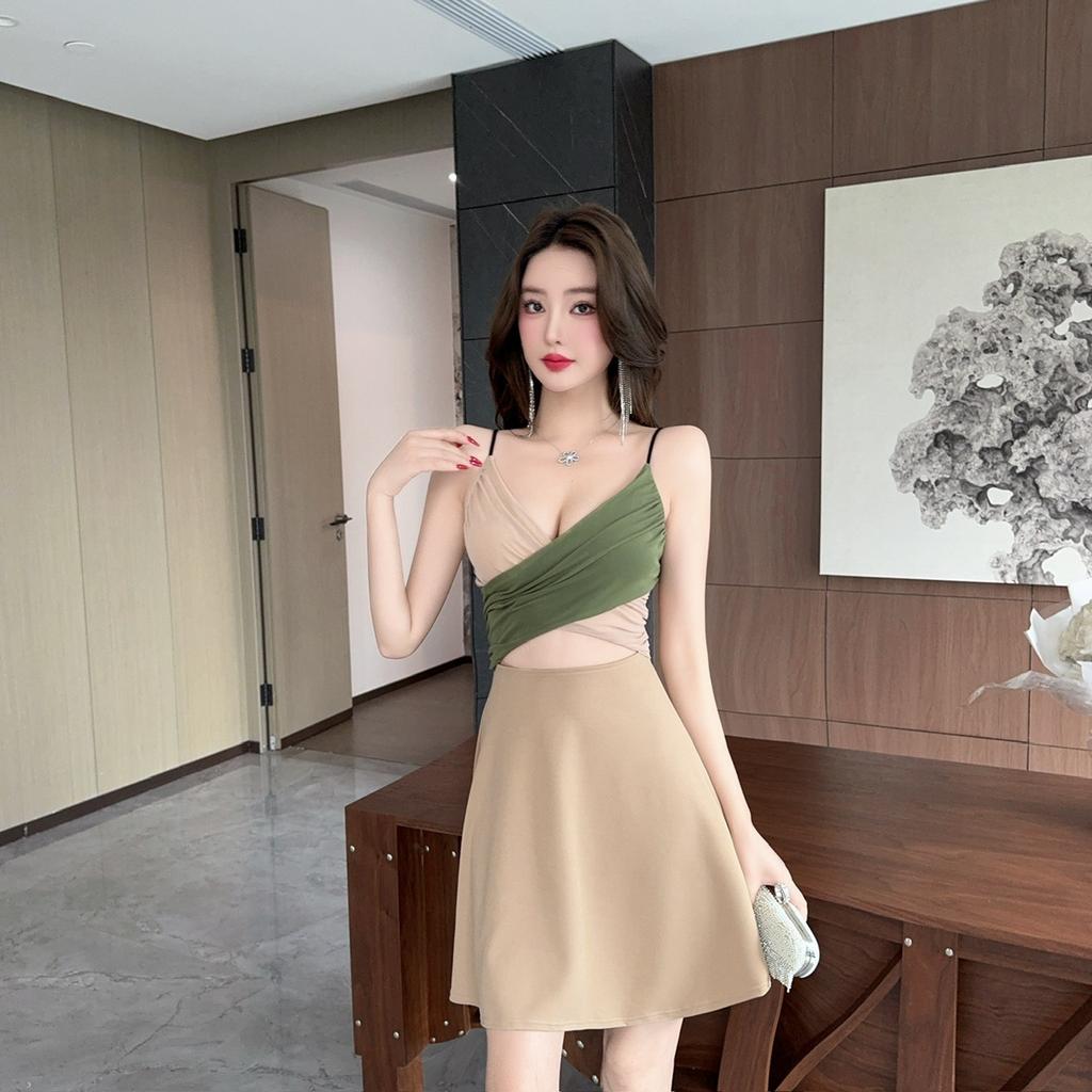 Sexy mesh contrasting splicing hollow low-cut V-neck suspender dress women's work clothes