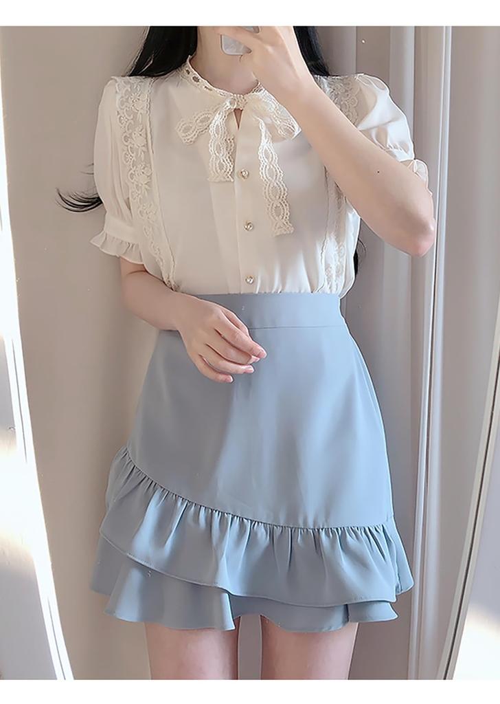 Lace Bowtie Blouse for Short Girly M [XHSUKADO] Women, Sleeve, Ruffled, Ribbon, Women's Blouse, Stylish, Mass-Produced Top, French, Style, Shirt,
