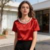 Damen T-Shirt Rundhals Satin Stoff T-Shirt mit Handgenähten Imitationsperlen Kurze Ärmel Lockerer Schnitt Lässige Oberteile