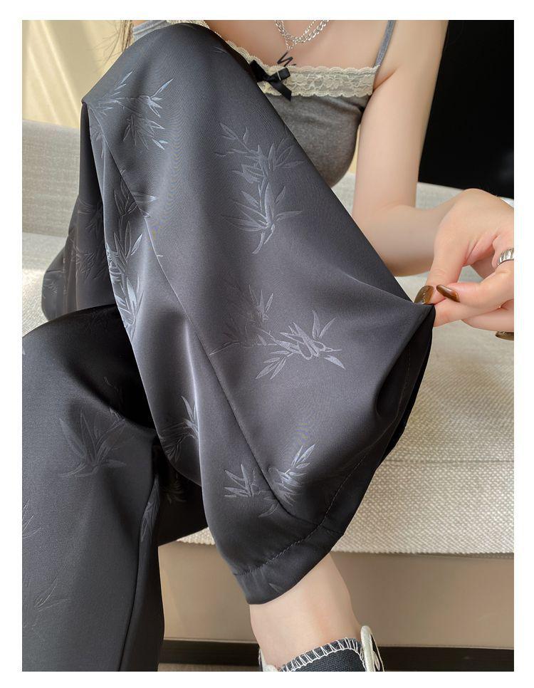2025 Spring/Summer Women's Jacquard Satin Wide-Leg Pants: High-Waist, Buttoned, Slim-Fit, Casual Trousers.