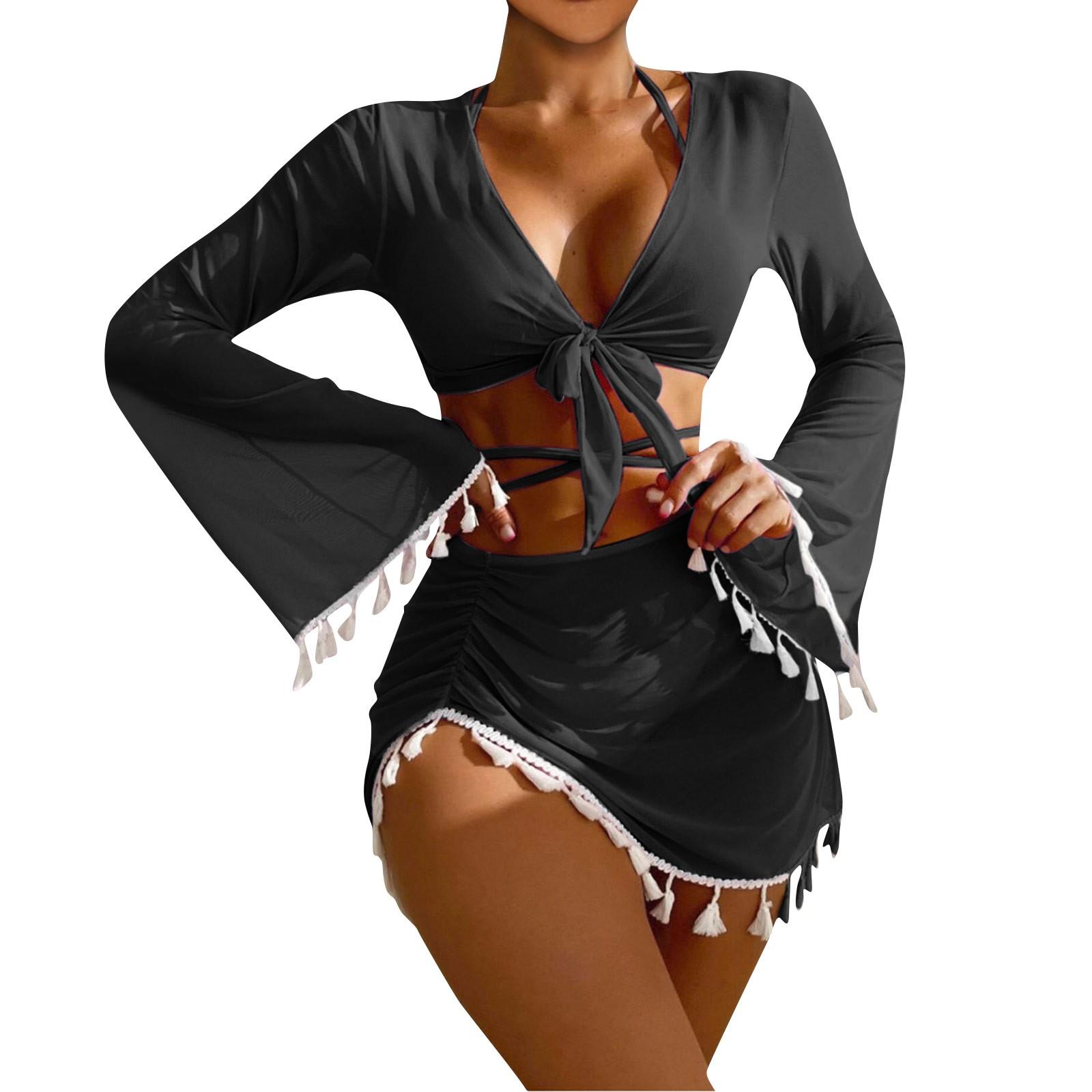 

Сексуальный комплект из 4 частей бикини с бретельками через шею, женский однотонный купальник, женский купальник с длинным рукавом и юбкой, купальный костюм, пляжная одежда, лето XL