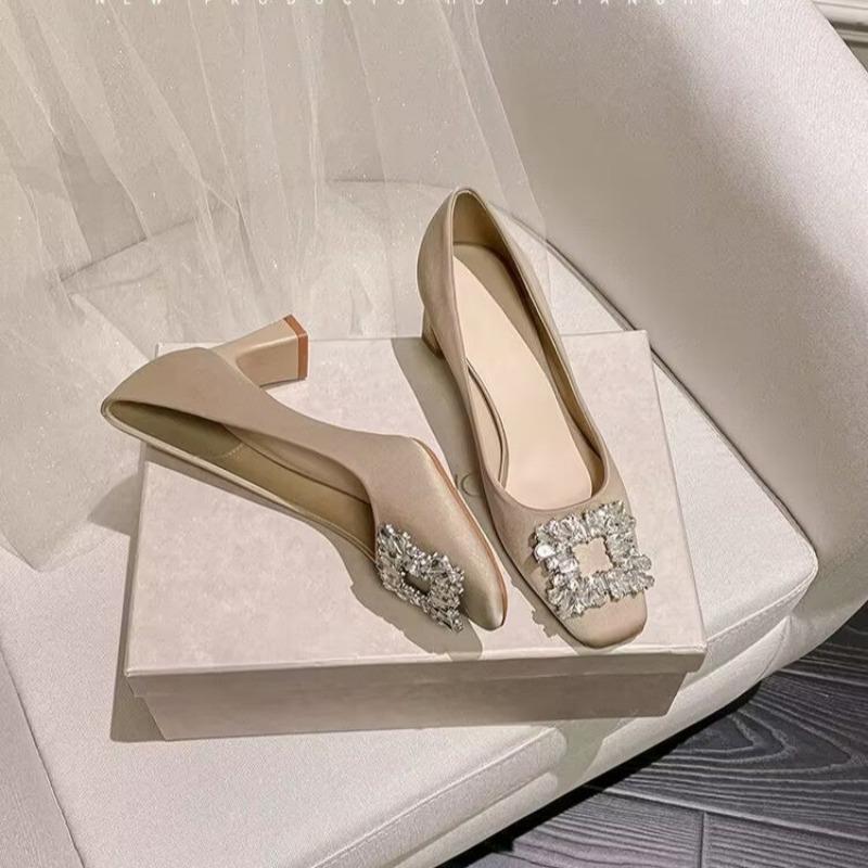 Fashion Spring New Square Heels for Women Fashion Square Head Shallow Mouth Crystal Buckle Anti-slip Wear-resistant Single Shoes