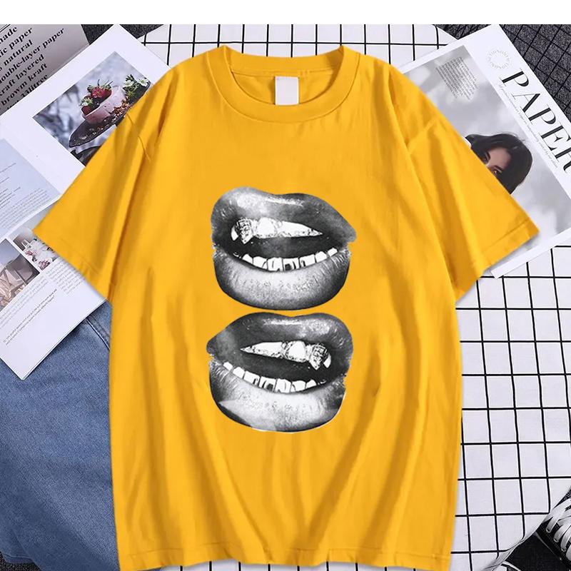Retro Simple Sexy Lips Print Summer Cotton T-Shirt Fashion Men Clothing Fashion Tops Tees Men Casual Solid Color Streetwear Tops