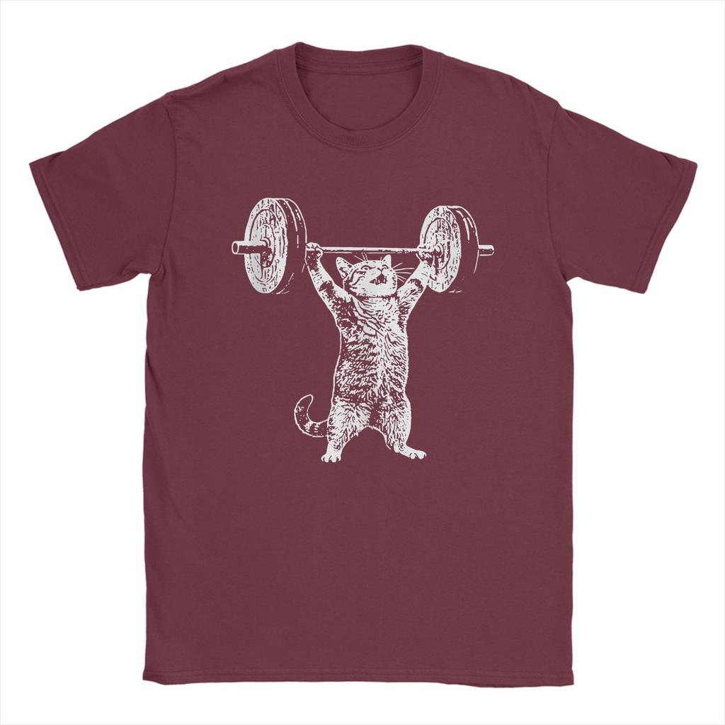 Vintage Retro Weight Lifting Gym Cat T Shirts Men Cotton Vintage TShirts Round Collar Tee Shirt Short Sleeve Clothes Plus Size