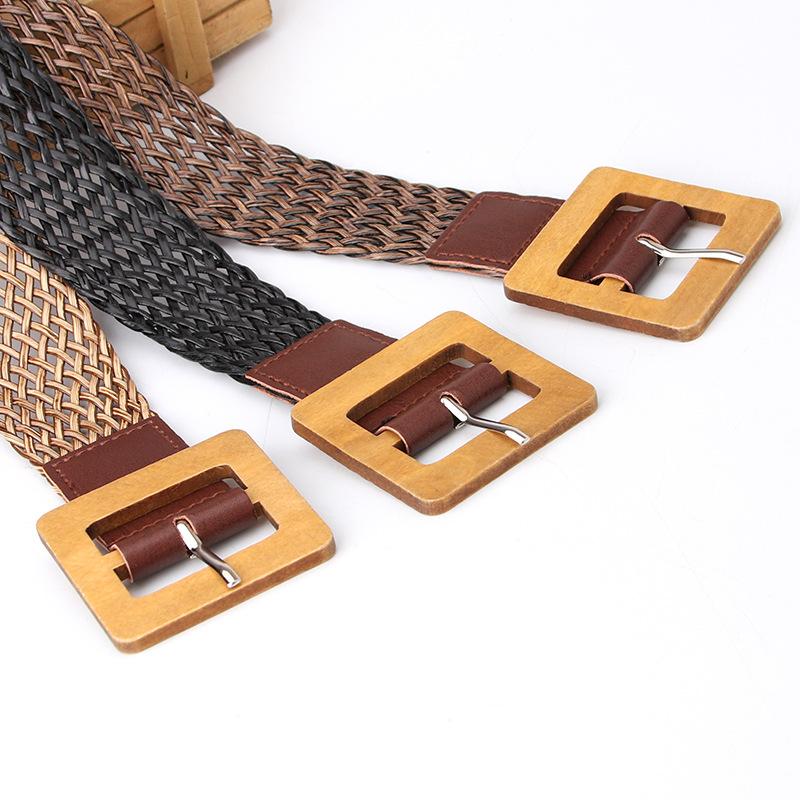 Women's woven belt Wood color square buckle decorative jeans belt Simple fashion dress belt