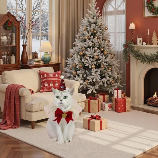 2Pcs/Set Pet Christmas Clothing Princess Style Design Adjustable Christmas Parties Scarf Hat Set Festive Pet Attire