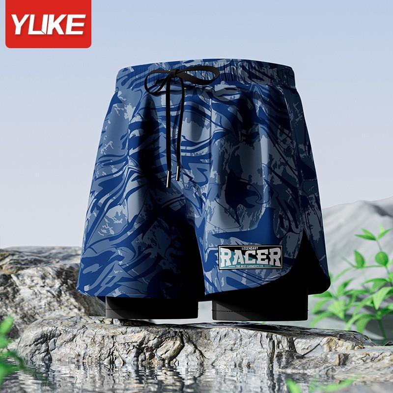 Mens Double-Layered Board Shorts Swim Trunks Beach Swimming Surfing Quick-Dry Anti-Chafe Athletic Swimwear