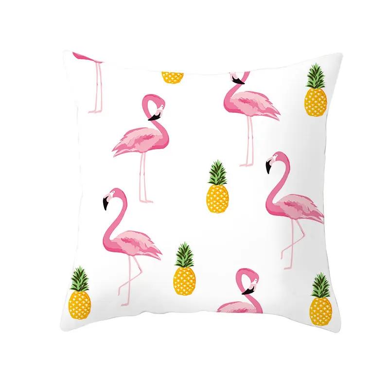 Housse de Coussin Décorative Flamant Rose Plantes Tropicales d'Été Feuilles Vertes Housse de Coussin à Jeter Housse de Coussin Flamant Rose