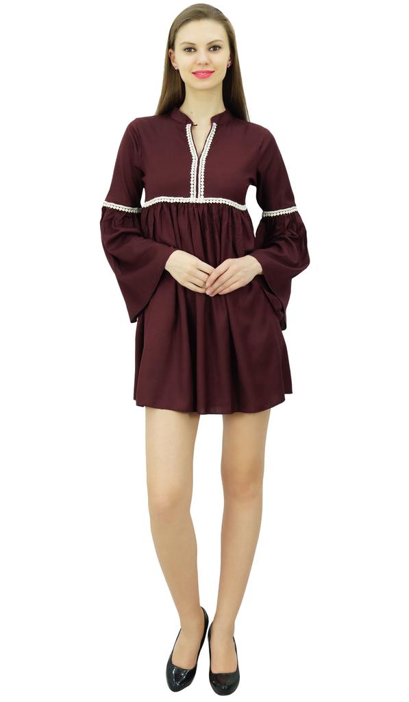 Bimba Designer Long Ruffle Sleeve Short Dress Lace Detail Boho Chic Dresses