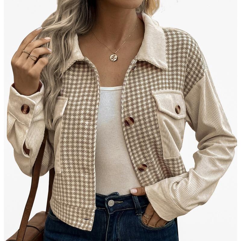 Jacket Cardigan Short Corduroy Fashion Versatile Handsome Splicing Brushed Bird's-eye Plaid Jacket Female