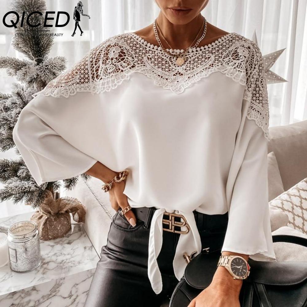 QICED Dámská móda Ležérní jednobarevné halenky a košile s dlouhým rukávem a výstřihem