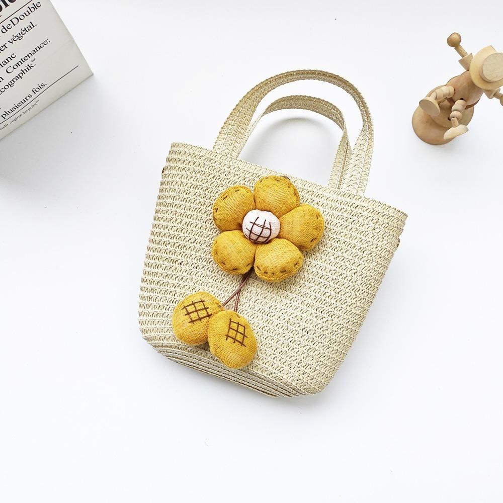 Cute Handmade Woven Straw Bag Bowknot Breathable Storage Basket Flower Coin Purse Kids Girls