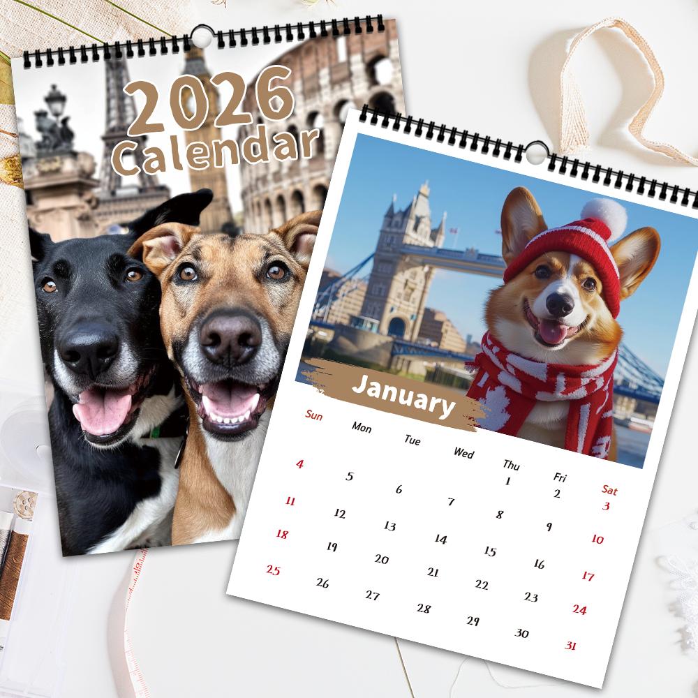 1 st 2026 Väggkalender, Hundresor Tema, 12 Vackra Design, Månadsplaner, Perfekt Gåva för Födelsedag, Jul, Nyår