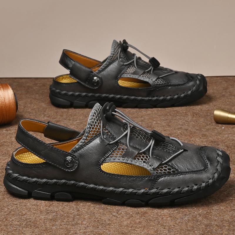 Men Outdoor Hiking Sandals Handmade Summer Beige Roman Sandals Retro Wide Close Toe Grey Beach Water Shoes Plus Size