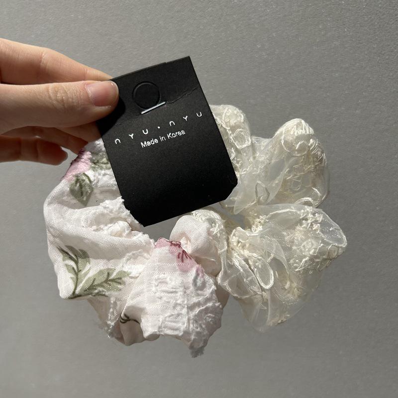 Korean Mesh Lace Floral Hair Scrunchie with Detachable Bow