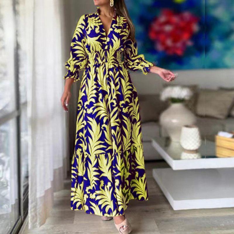 

и Американский Экспорт Осень одежда Женщины Свободный Комбинезон Длинное платье Облегающее талию Богемский принт Длинный рукав Большая юбка-клеш Большой размер Yellow + Blue S (Bust size 94)