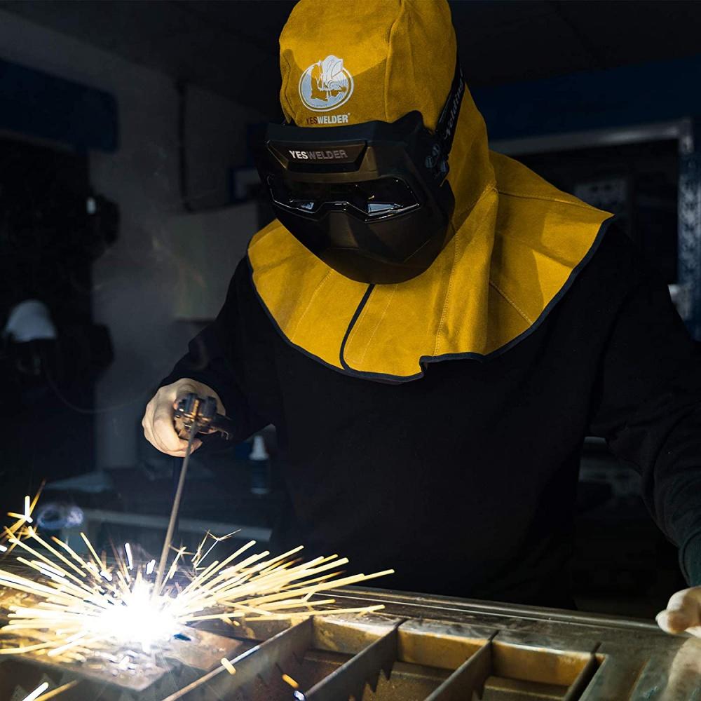 Svářečská kukla ze zlaté hovězinové dělené kůže se svařováním nákrčníku