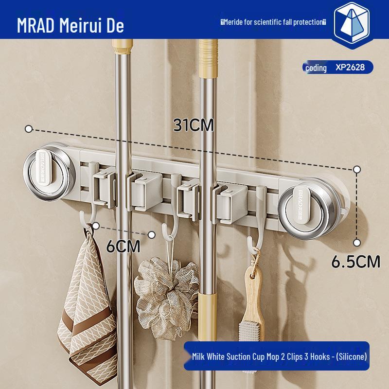 Movable Suction Cup Mop Clip Wall-Mount Storage Rack