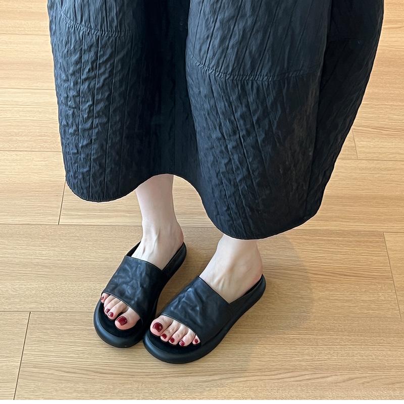 Women's French Retro Open Toe Slide Sandals Comfortable Light Luxury Summer Flat Soft Sole Thick Platform Slippers