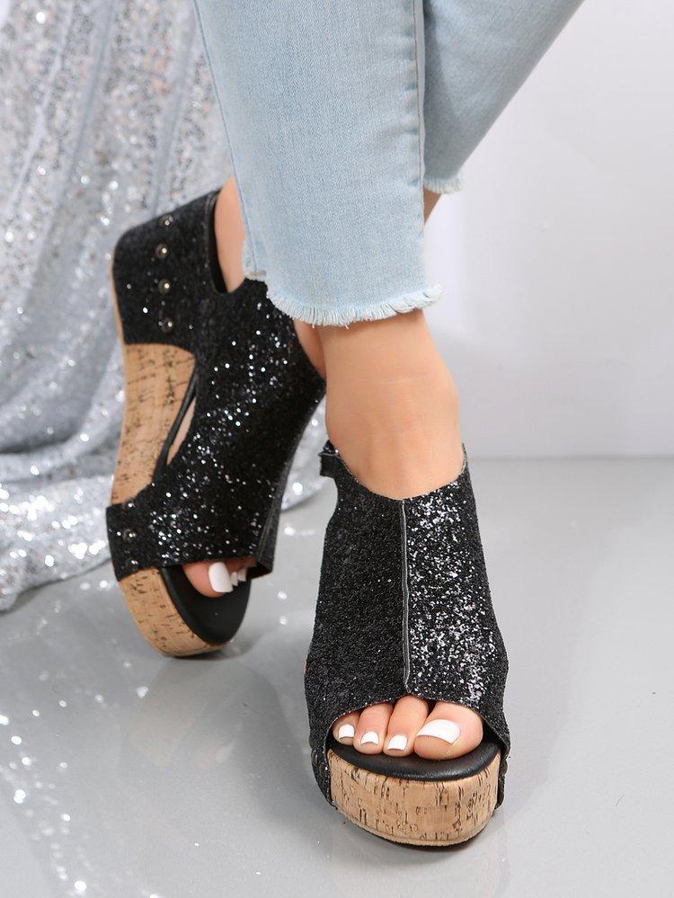 Roman Sandals Women Sequins Flat Slope Heel Thick Bottom Sandals Ladies