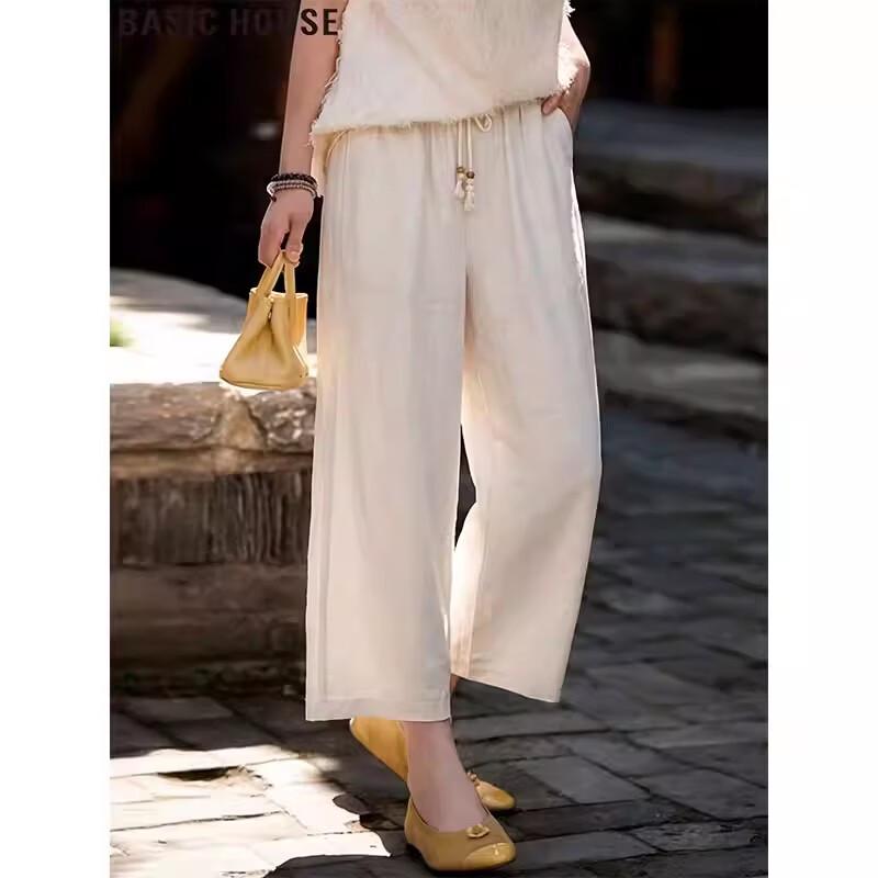 Basic House Women s Tencel-Linen Wide-Leg Cropped Pants M