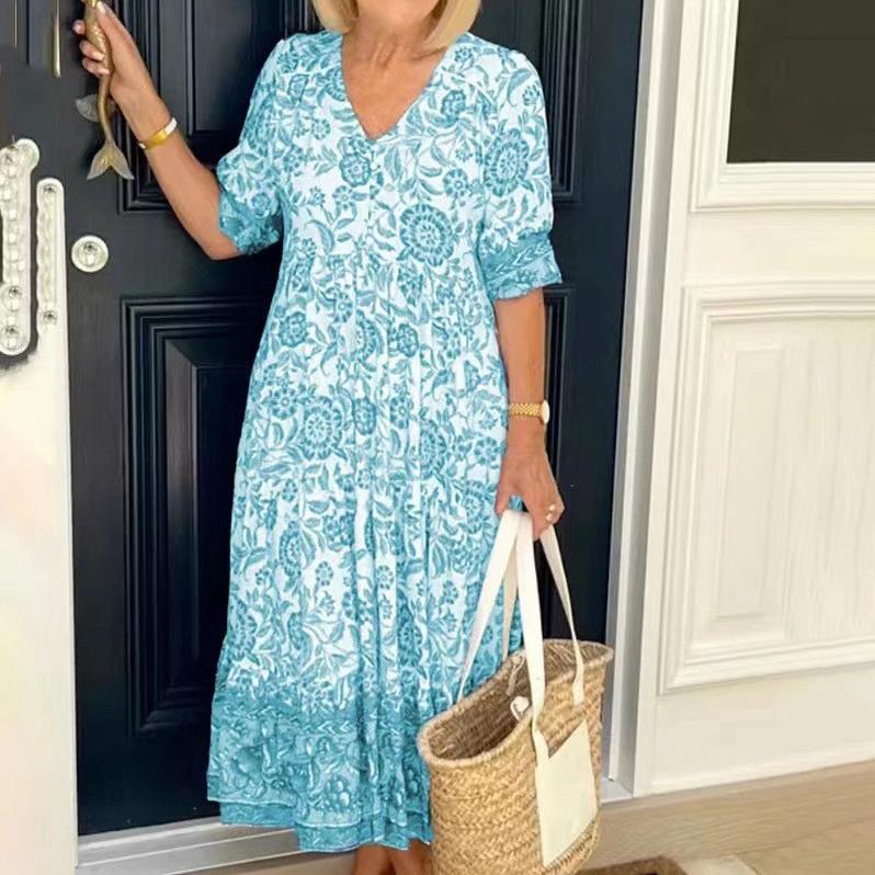 Boho Print Dress Women Summer Long Dress Female Fashion V Neck Half Sleeve Dress Ladies Loose Oversized Beach Party Dress