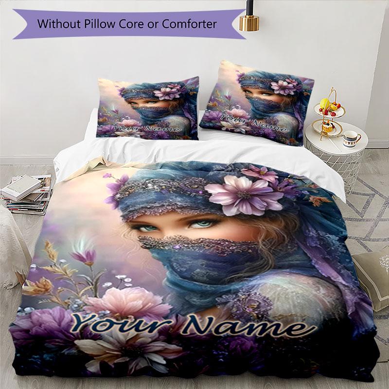 3pcs Custom Name Fantasy Floral Portrait Bedding Set Printed Bedding Set Duvet Cover Closure Includes 1 Duvet Cover & 2 Pillowcases Bedroom Decor