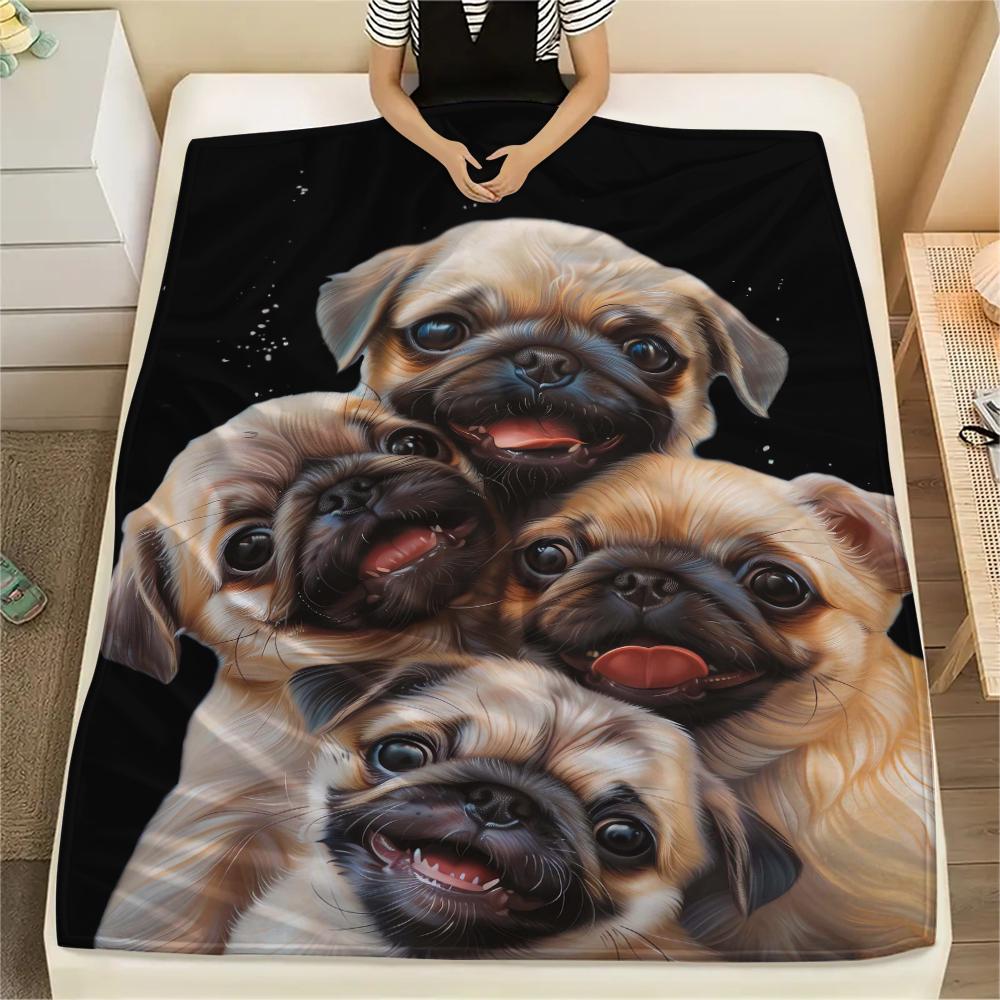 1Pc Cute Puppy Print Flannel Blanket, High quality Comfortable for All Seasons, Home Decor, Warmth and Comfort, Perfect for Christmas Gifts