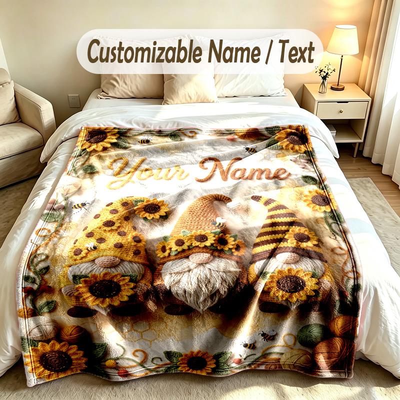 Gnome Theme Custom Blanket Personalized Name & Text Customized Soft Warm Throw Blanket Home Decor