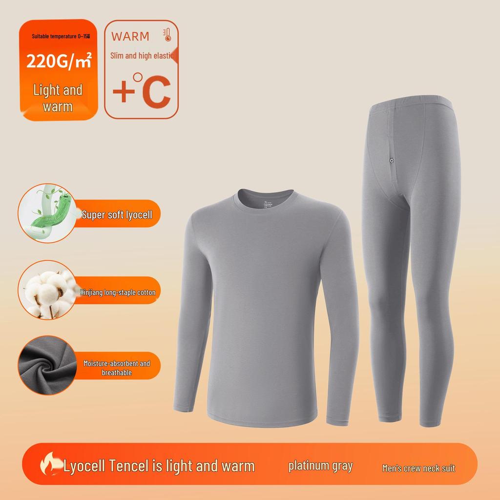 Men's Tencel Lyocell & Cotton Thermal Underwear Set: Antibacterial, Plus Velvet, Autumn Round Neck Top & Trousers