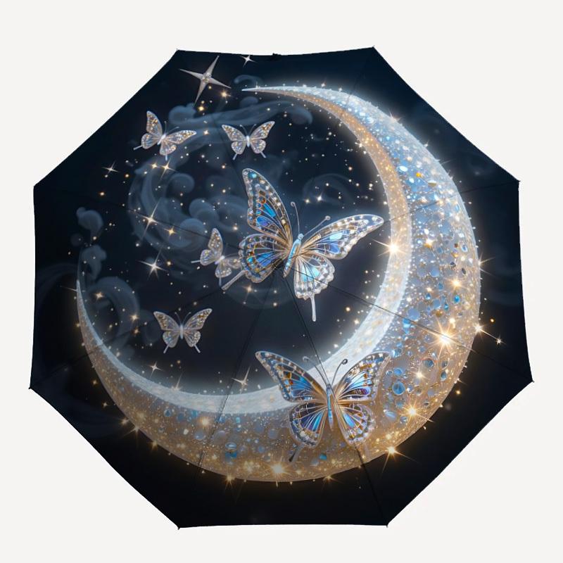 1pc Moon Butterfly Print Automatic Umbrella Portable Home Essential Umbrella, Iron Umbrella Structure Suitable for All Seasons yy251123192