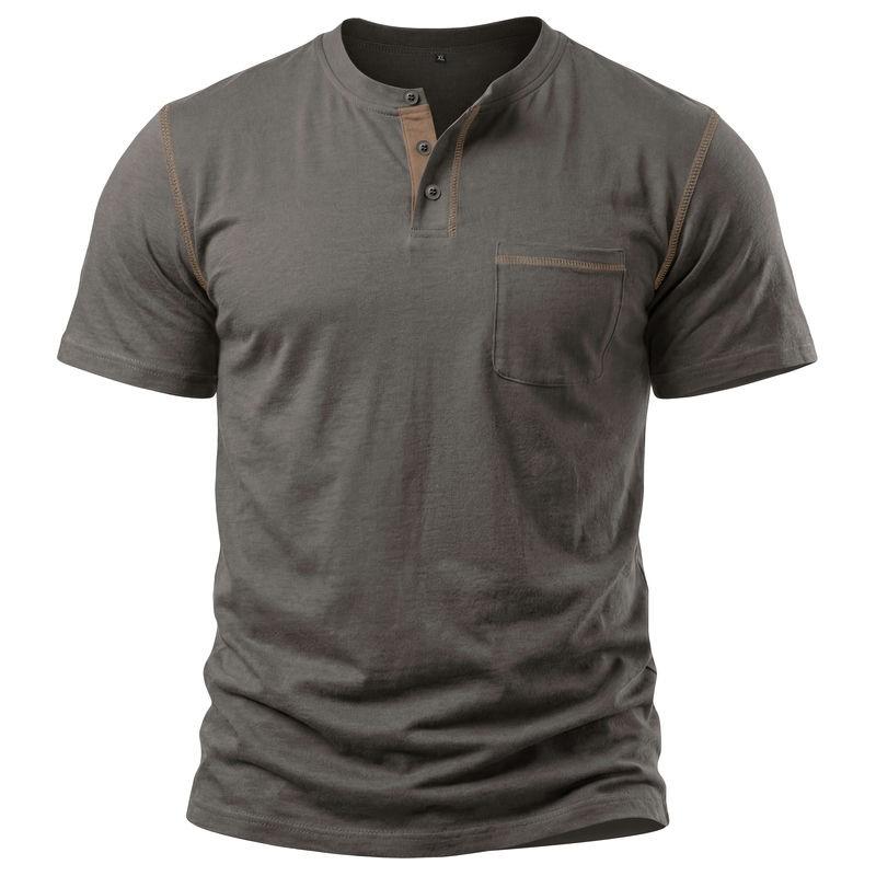 Herren Kontrastnähte Henley-Kragen Kurzarm T-Shirt Mit Brusttasche