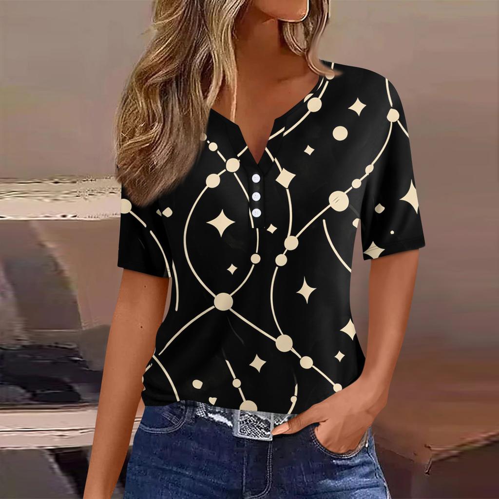 Women's T Shirt Tee Printed Button Short Sleeve Tunic Daily Weekend Fashion Basic V- Neck Regular Top