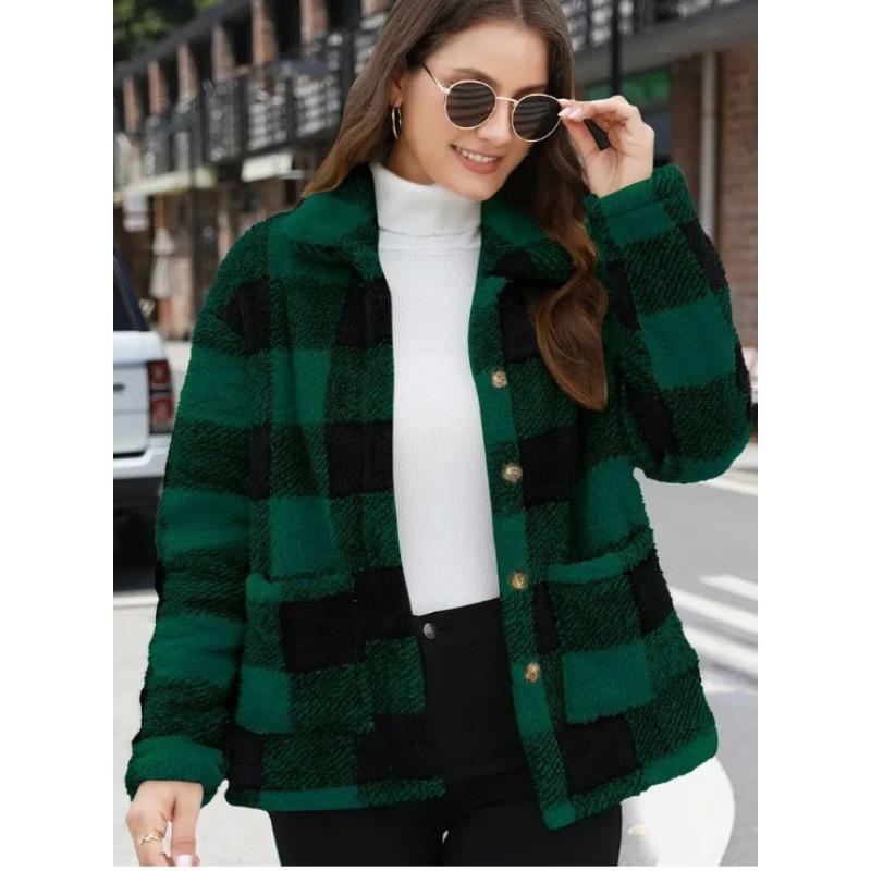 IHUASU Women's Vintage Casual Plaid Print Autumn Winter Long Sleeve POLO Neck Jackets & Coats Elegant
