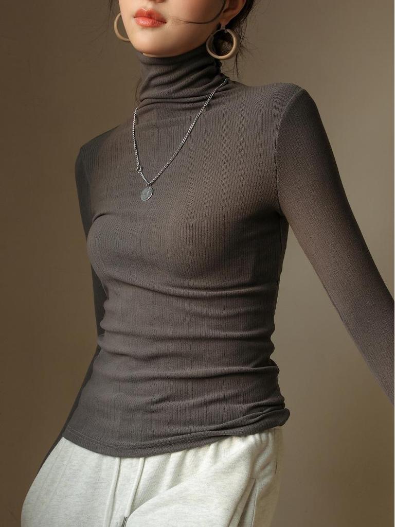 Velvet High-Neck Turtleneck Long-Sleeve Women's Shirt - Trendy Black Top for 2024 Spring, Autumn, and Winter