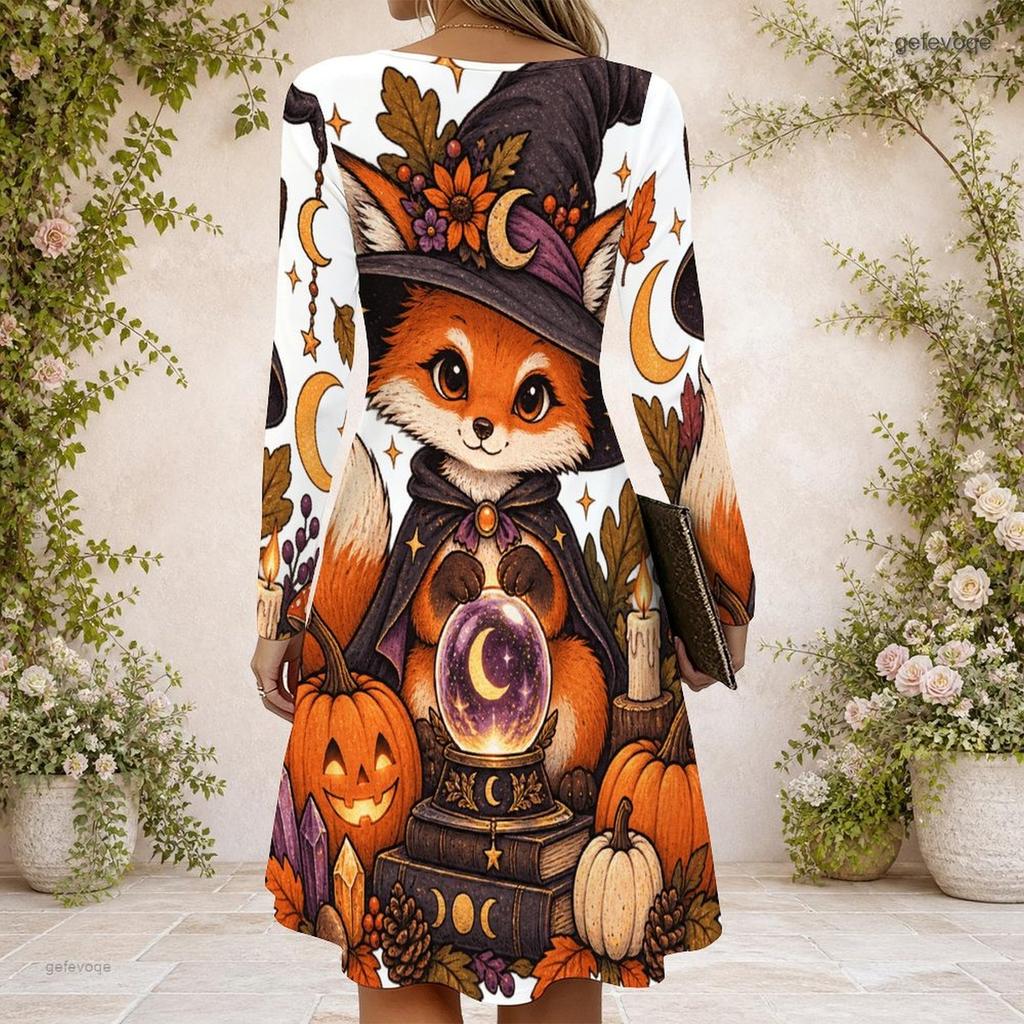 Women White Criss Cross V Neck Long Sleeve Curved Hem Printed Dress Cute Panda Ghost Halloween Pattern