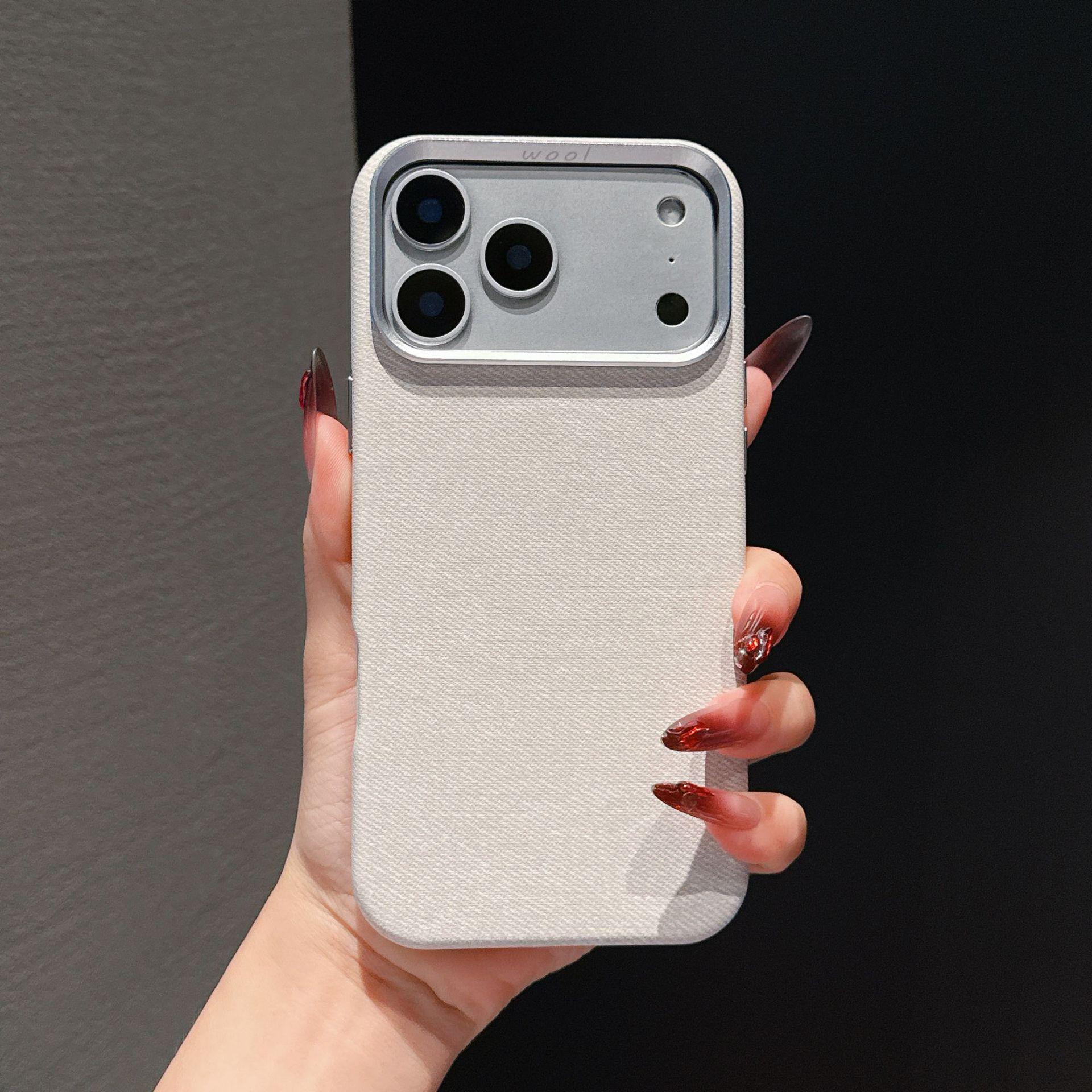 

Магнитный чехол для телефона из шерсти и льна для iPhone 17 Pro Max - Однотонный, Защита от падений iPhone 15 Pro белый