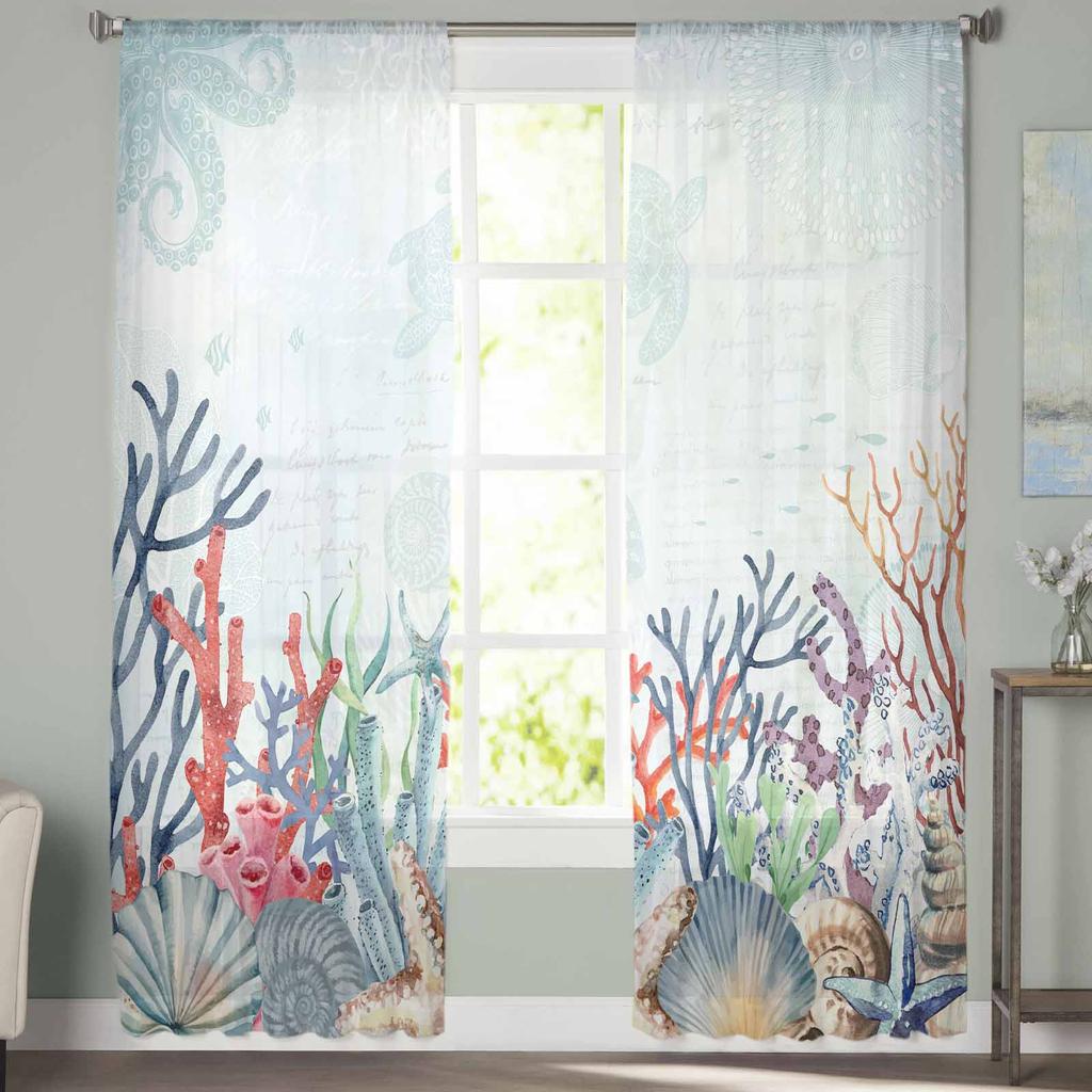 Marine Coral In Summer Tulle Window Curtains for Bedroom Luxury Home Decor Drapes In Living Room Chiffon Panels