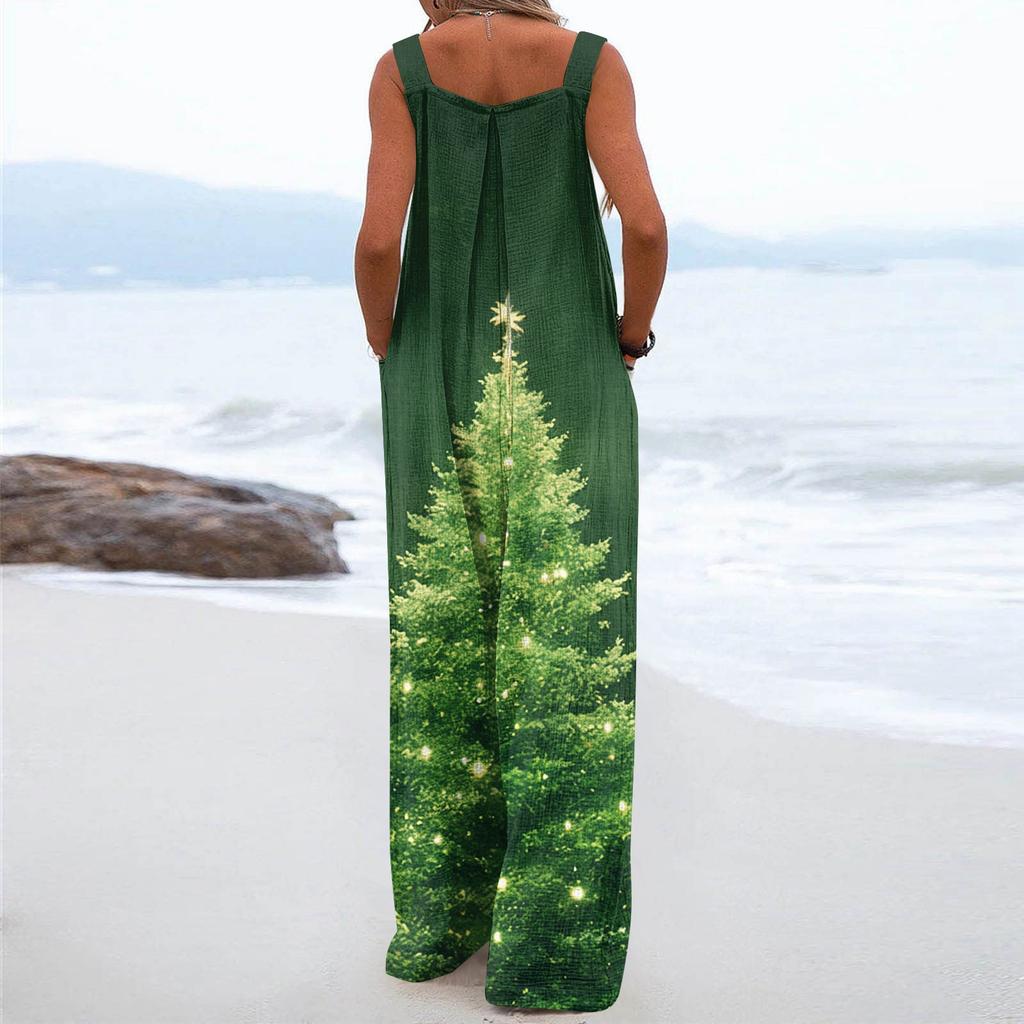 Damen Weihnachten Print Einfarbig Weites Bein Trägerlos Tanktasche Lässiger Einteiler