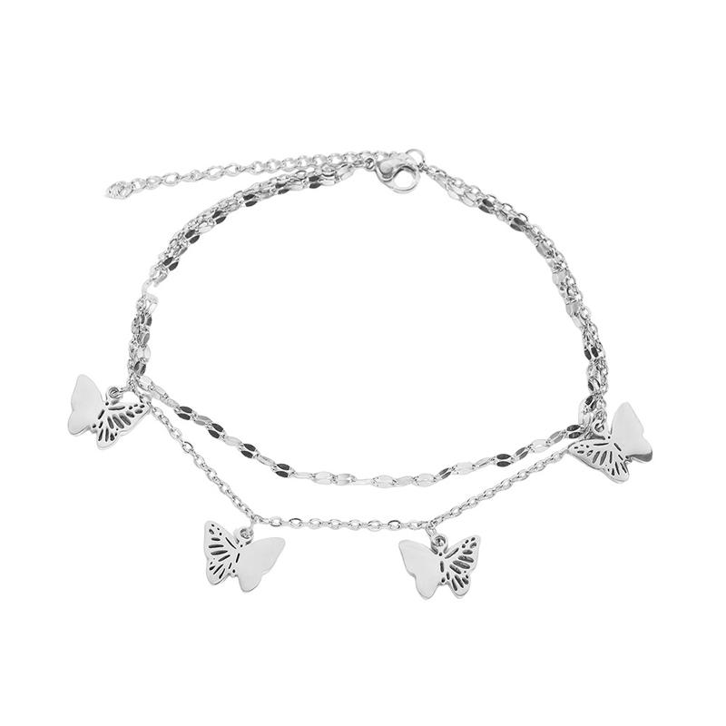Fashion Stainless Steel Hollow Butterfly Pendant Anklet for Women Simple Gold Color Insect Double-Layer Foot Chain Beach Jewelry