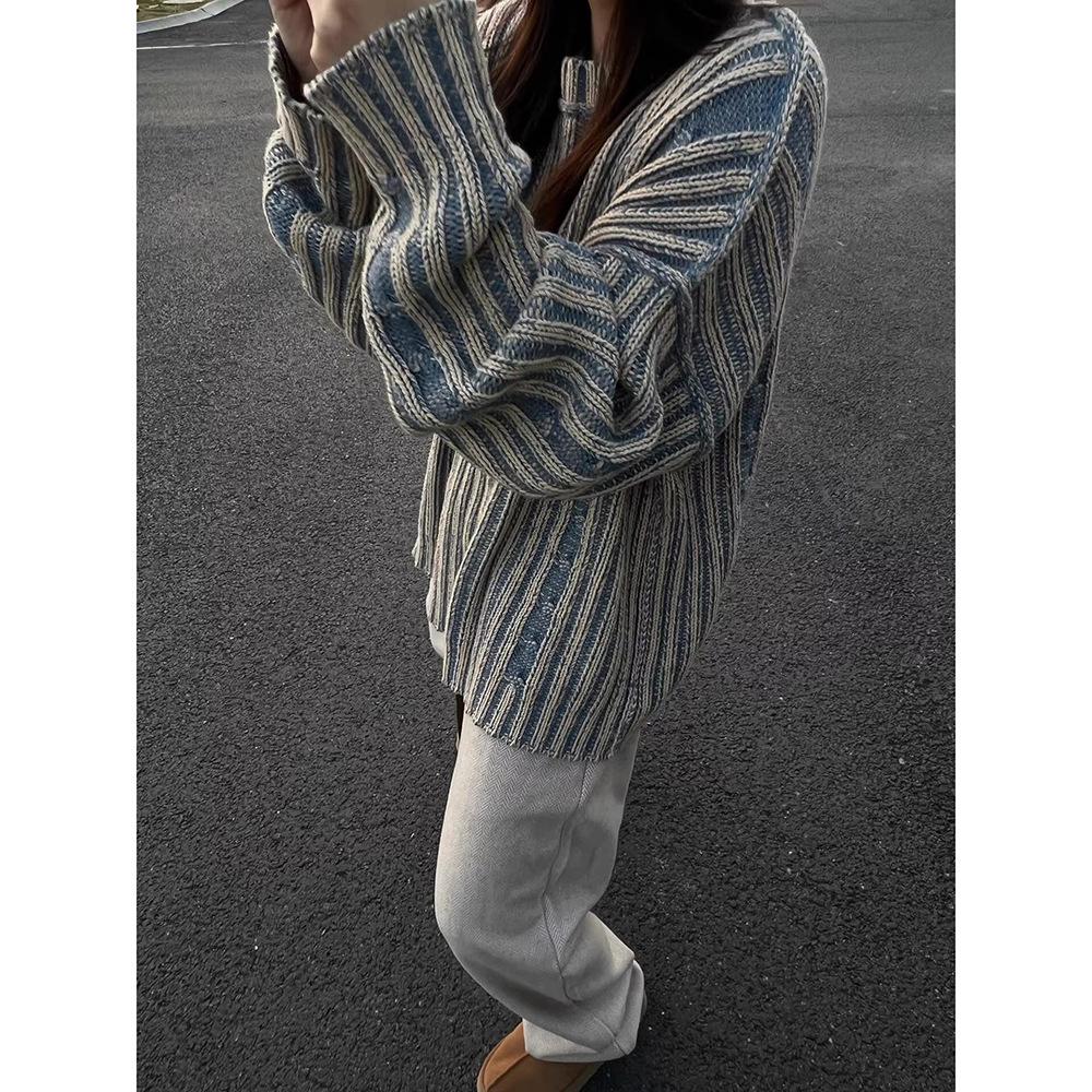 CleanFit Retro Striped Color Block Women's Sweater – Spring & Autumn Trendy, Lazy Style for Couples