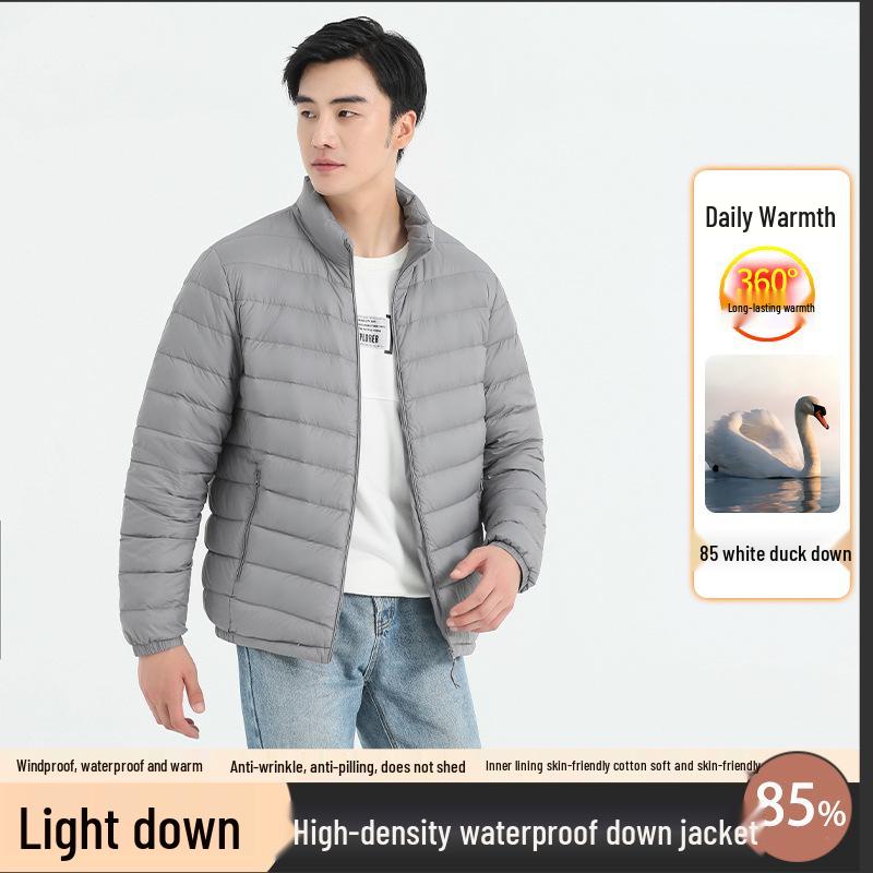Men's Lightweight Stand Collar Down Jacket - Warm Short Ribbed Style for Autumn/Winter.