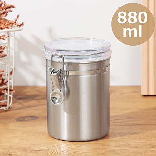 Pearl Metal 880ml 18-8 Stainless Steel Storage Canister with Locking Clear Lid for Coffee Beans, Satina Color, HB-6533
