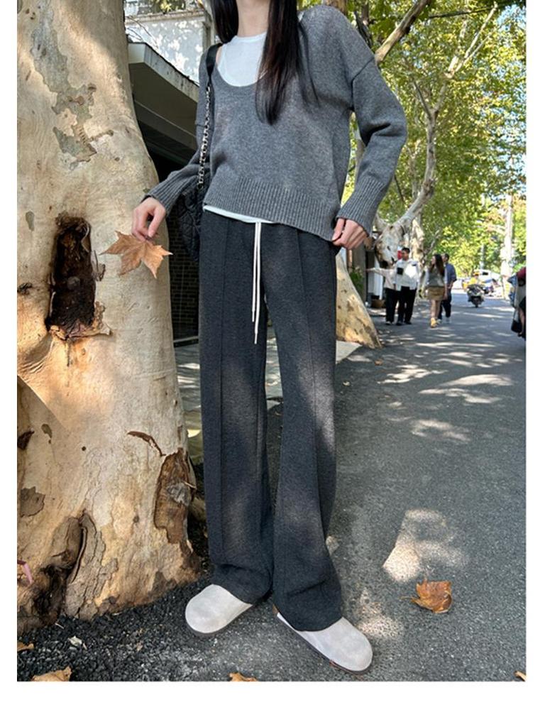 Women's Early Autumn Fleece-Lined High-Waisted Herringbone Trousers: Slimming, Casual Straight-Leg Design